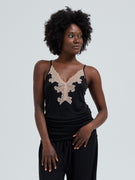 Lace Silk Cami | Mulberry Seide - Black w. Rosie Beige
