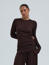 Seamless Basic Woolen Classic Blouse | Merinowolle L/S T-Shirt Dark Brown