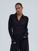 Seamless Basic Woolen Classic Polo | Merinowolle L/S T-Shirt Black
