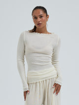 Seamless Basic Wooly Boat Neck | Wolle Seide Blouse Off-White
