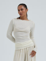 Seamless Basic Wooly Boat Neck | Wolle Seide Blouse Off-White