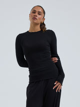 Seamless Basic Wooly Long Sleeve | Wolle Seide Blouse Black