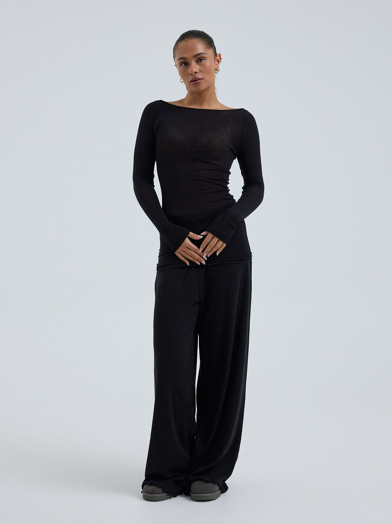 Seamless Basic Cotton Boat Neck | Baumwolle L/S T-Shirt Black