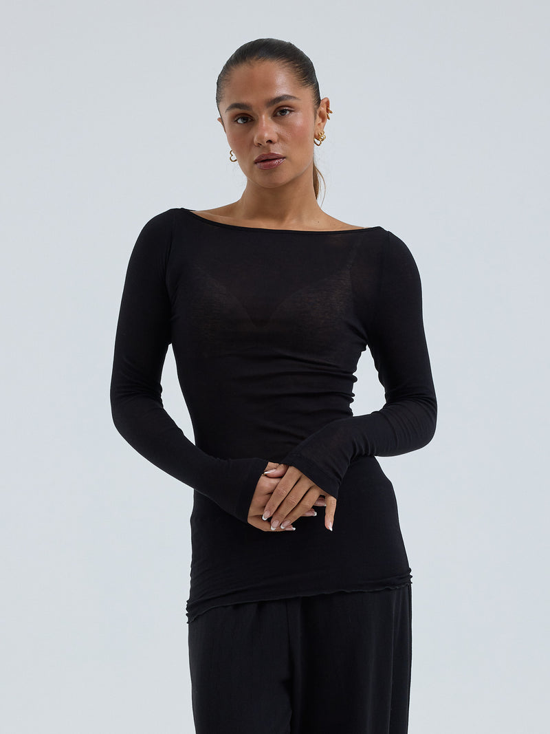 Seamless Basic Cotton Boat Neck | Baumwolle L/S T-Shirt Black