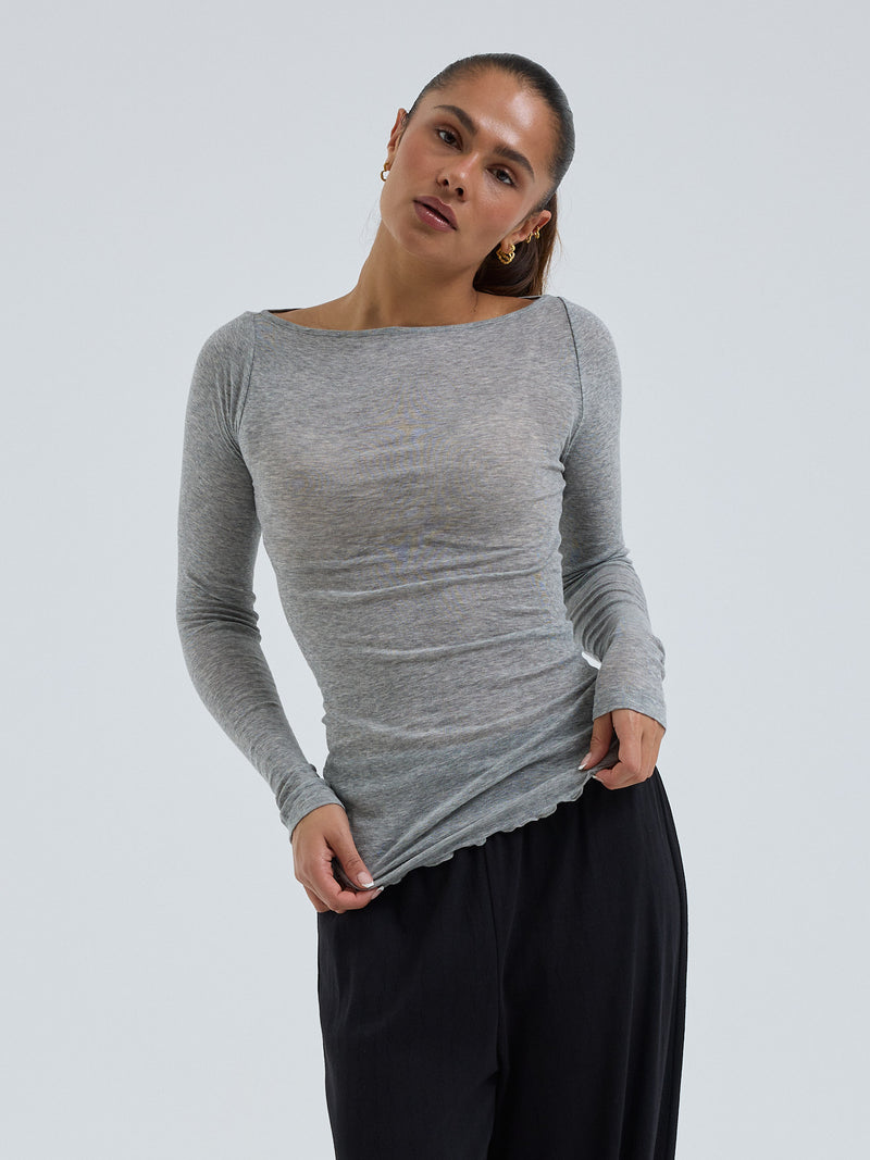 Seamless Basic Cotton Boat Neck | Baumwolle L/S T-Shirt Grey Melange