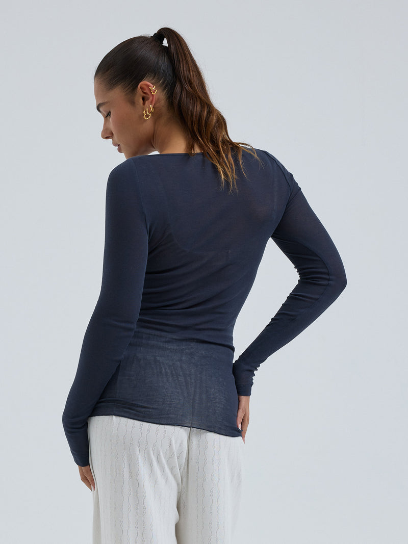 Seamless Basic Cotton Boat Neck | Baumwolle L/S T-Shirt Midnight