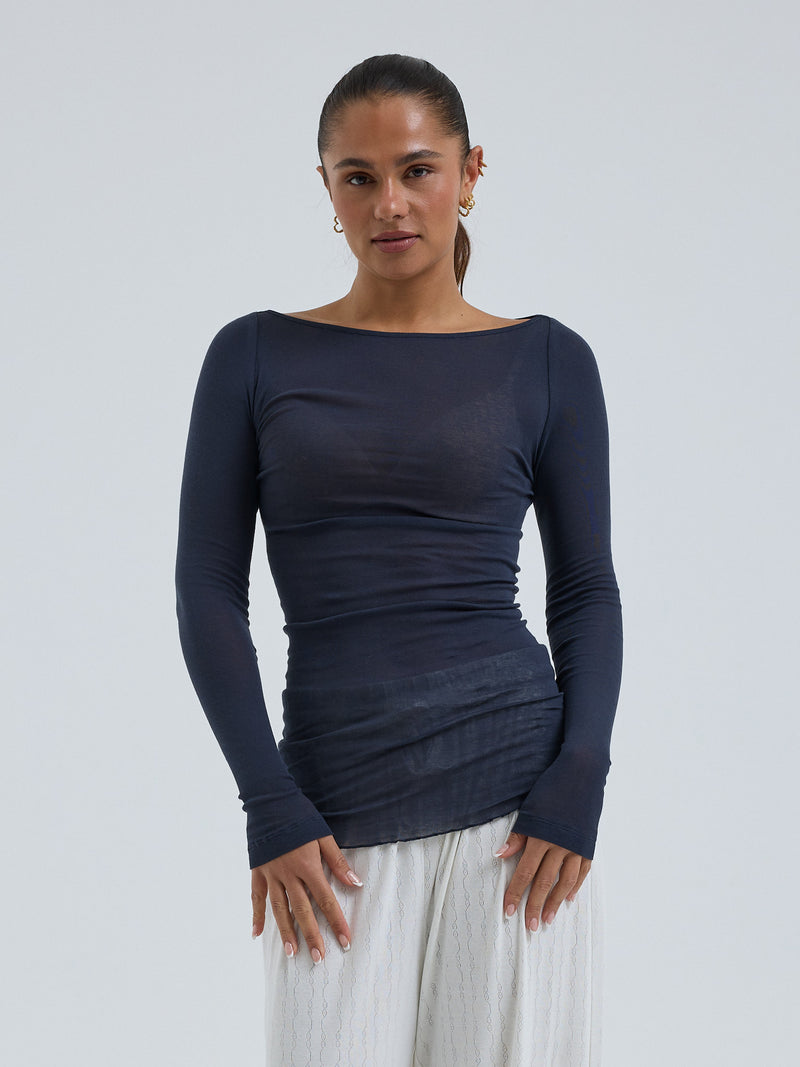 Seamless Basic Cotton Boat Neck | Baumwolle L/S T-Shirt Midnight