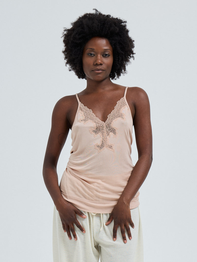 Seamless Basic Lace Silk Cami | Mulberry Seide Cami top Rosie Beige w. Rosie Beige