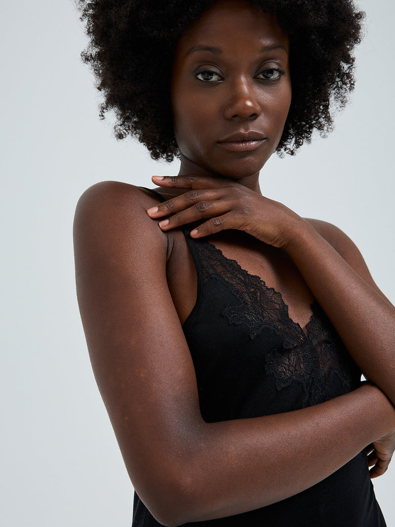 Seamless Basic Lace Silk Slip | Mulberry Seide Slip Dress Black w. Black