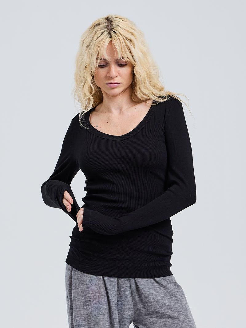 Seamless Basic Retro V-neck | Bio-Baumwolle L/S T-Shirt Black