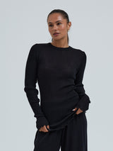 Seamless Basic Woolen Classic Blouse | Merinowolle L/S T-Shirt Black