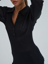 Seamless Basic Woolen Classic Polo | Merinowolle L/S T-Shirt Black