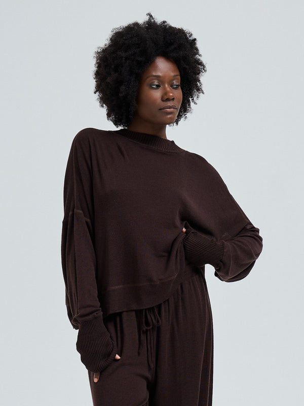 Seamless Basic Woolen Sporty Sweat | Merinowolle Blouse Dark Brown