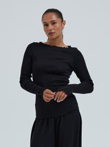 Seamless Basic Wooly Boat Neck | Wolle Seide Blouse Black