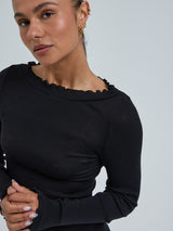 Seamless Basic Wooly Boat Neck | Wolle Seide Blouse Black