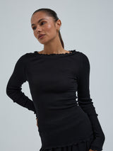 Seamless Basic Wooly Boat Neck | Wolle Seide Blouse Black
